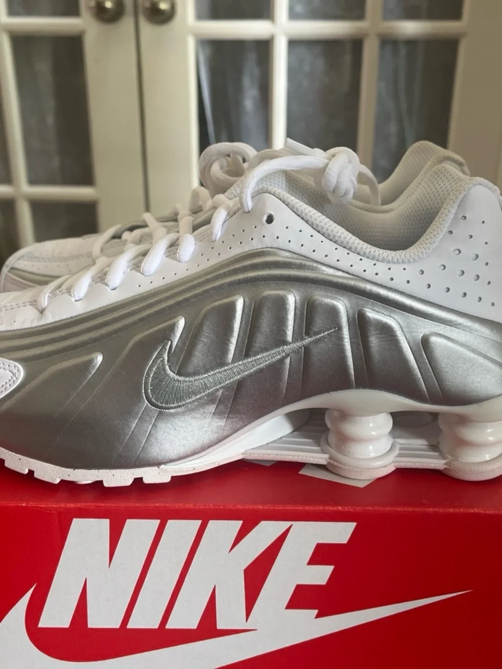 Nike Women’s White and Silver Athletic Shox Sneakers